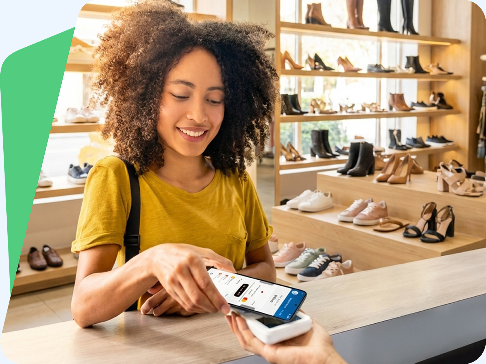 Cliente che usa ies BAE Welfare per pagare in negozio con smartphone